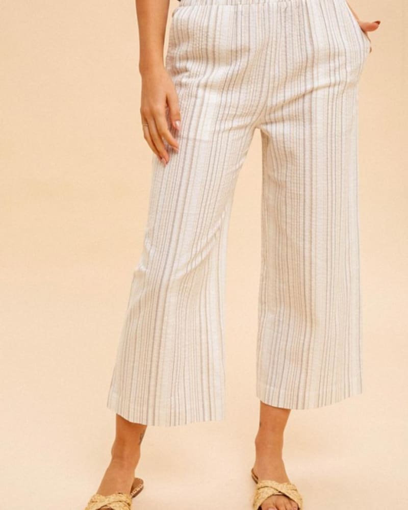 Front of a model wearing a size L Linen Stripe Wide Pants in Beige in Beige by Hem & Thread. | dia_product_style_image_id:338300